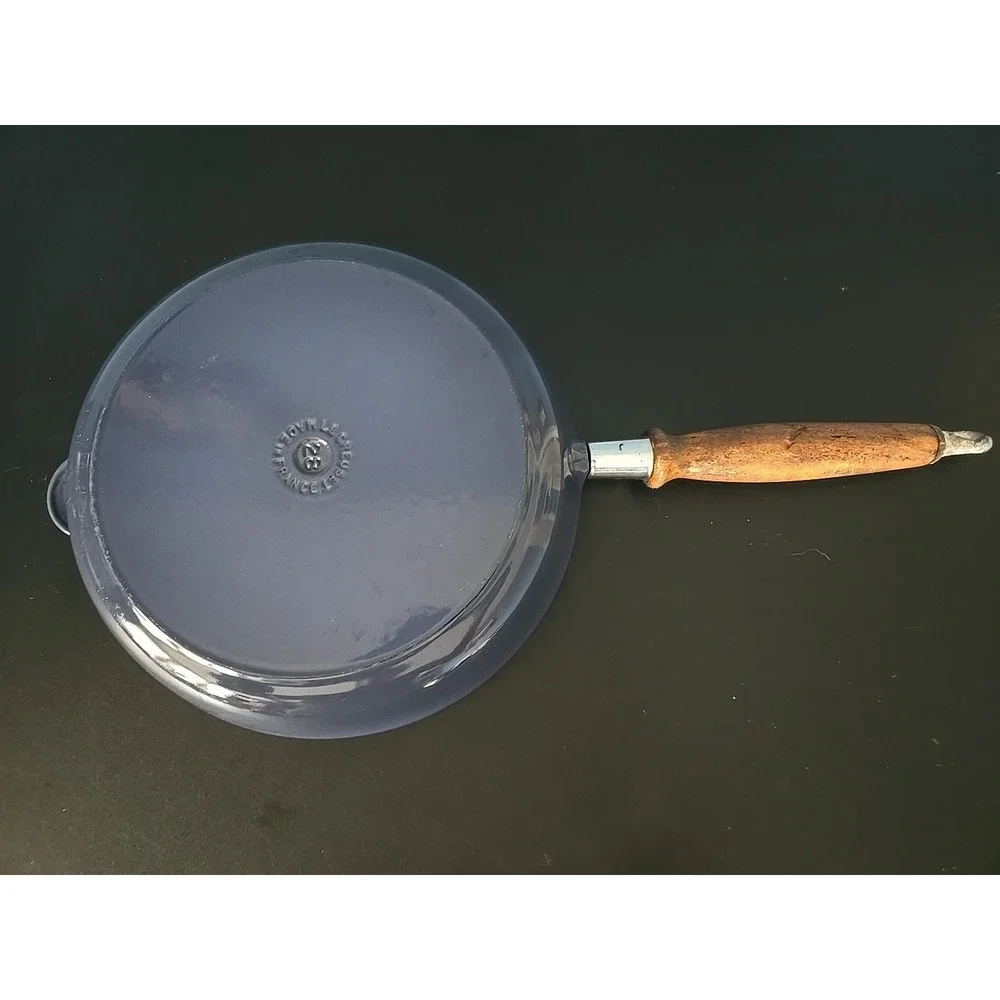 Vintage Le Creuset France #28 Skillet Wood Handle Collectible Blue Cast Iron 11